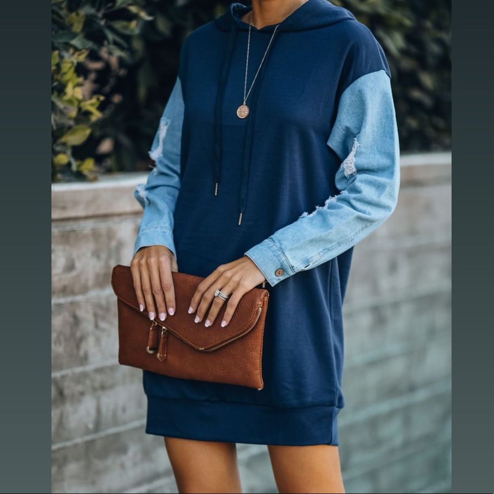NEW VICI Carter Denim Sleeve Hooded Knit Dress - Small